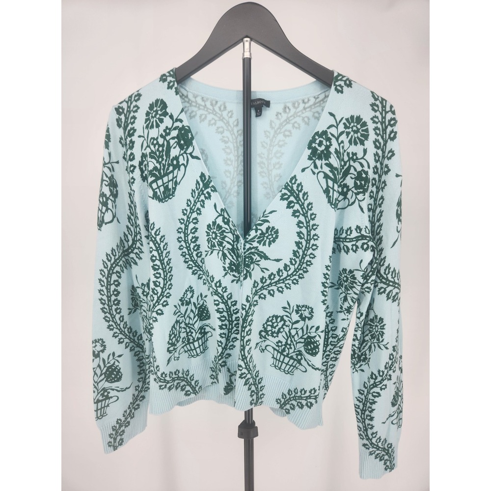 Talbots Womens Blue Green Floral Damask V-Neck Cardigan Sweater Size M CN5000